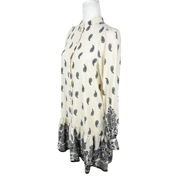 H&M Dress Women Small Beige Black Paisley All Over Print Long Sleeve Peplum Mini - Picture 2 of 15